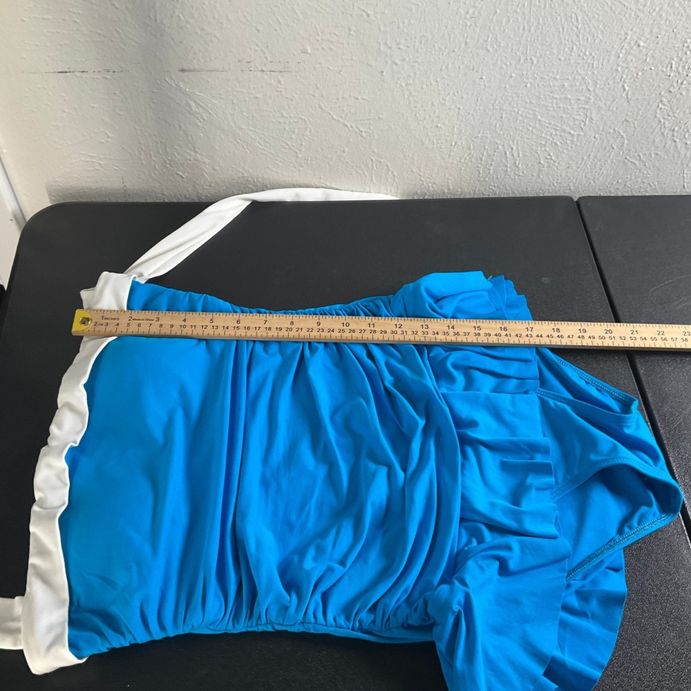 Lauren Ralph‎ Lauren One Piece Swimsuit Blue Ruched Skirt Halter Size 10 - Picture 10 of 11